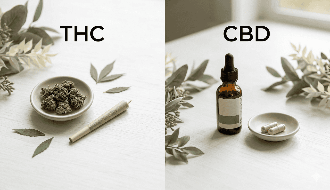 Side-by-side comparison of THC and CBD products featuring a dish of cannabis flower labeled "THC" and a CBD oil bottle labeled "CBD," styled with natural green leaves on a clean white background.