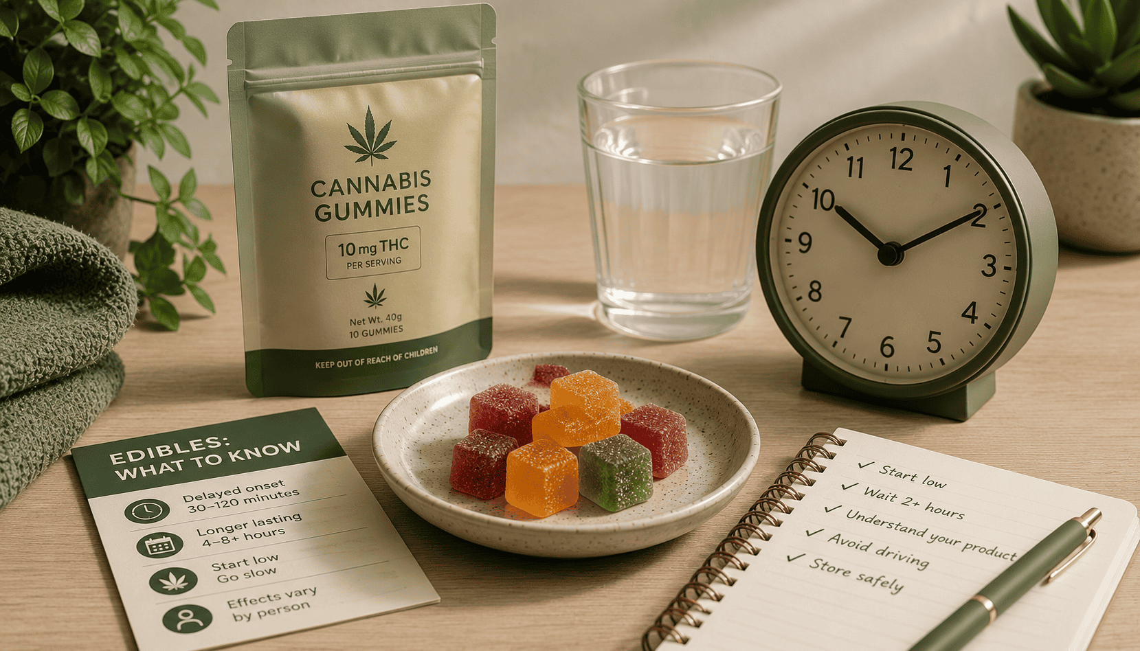 Plate of colourful cannabis gummies beside a glass of water, notebook, clock, and wellness checklist, representing symptom management and responsible medical cannabis use.