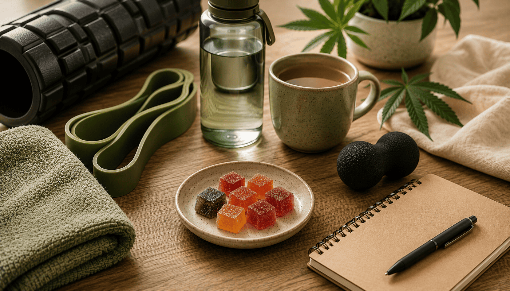 Cannabis gummies, cannabis oil, foam roller, massage ball, resistance bands, and a notebook arranged on a tabletop to represent wellness, pain management, and medical cannabis education.