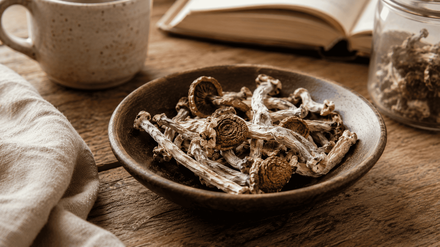 Bowl of dried mushrooms on a rustic wooden table beside an open book and ceramic mug, creating a natural and cozy setting.