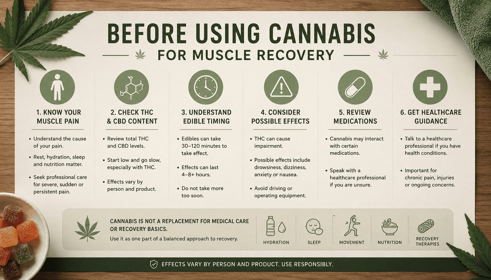 Infographic outlining key considerations before using medical cannabis for muscle recovery, including potential benefits, risks, dosage guidance, and safe use recommendations.