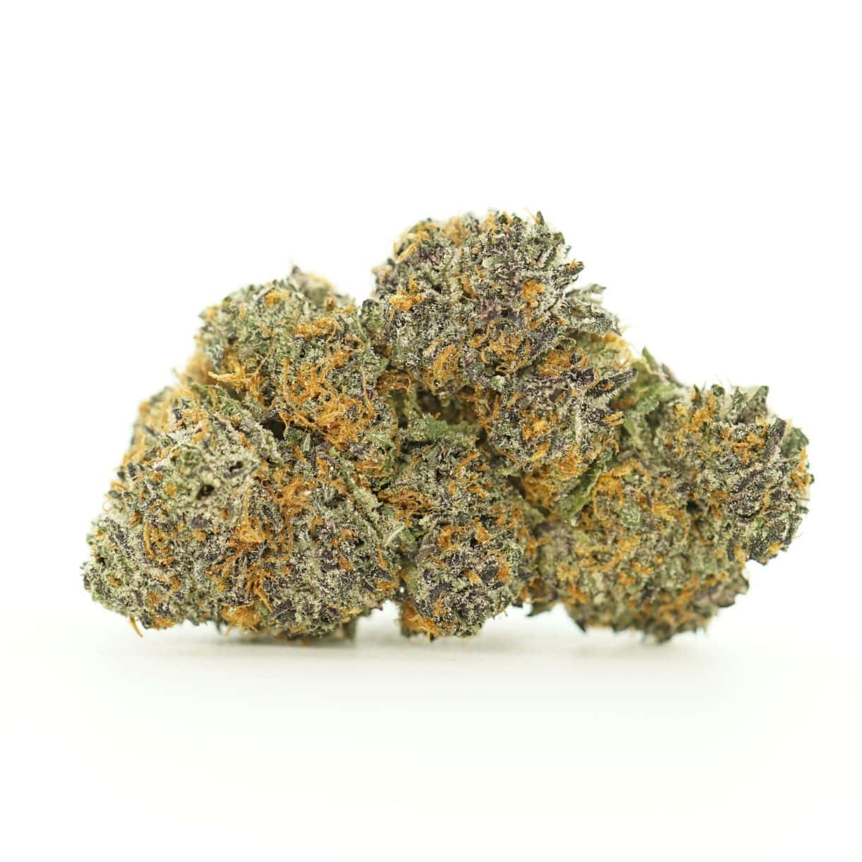 candy gas close-up image of cannabis bud with frosty trichomes on a crisp white background