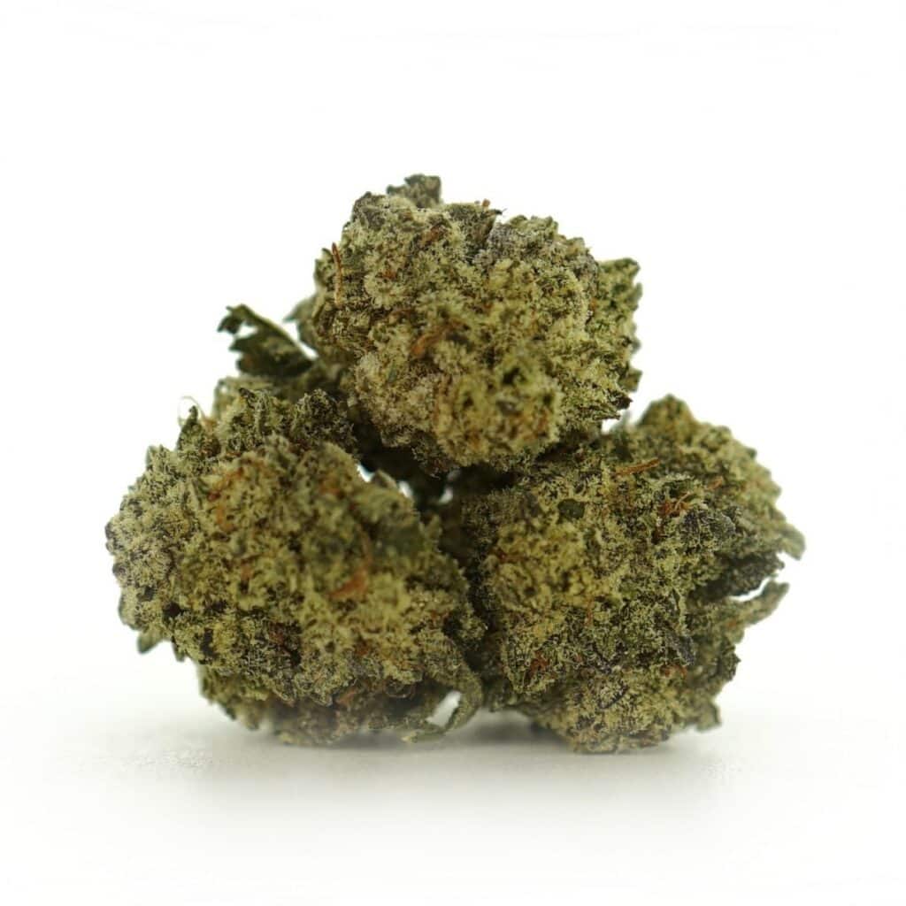 Image of donkey butter smalls cannabis bud with frosty trichomes on a crisp white background