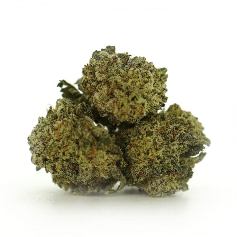 Image of donkey butter smalls cannabis bud with frosty trichomes on a crisp white background