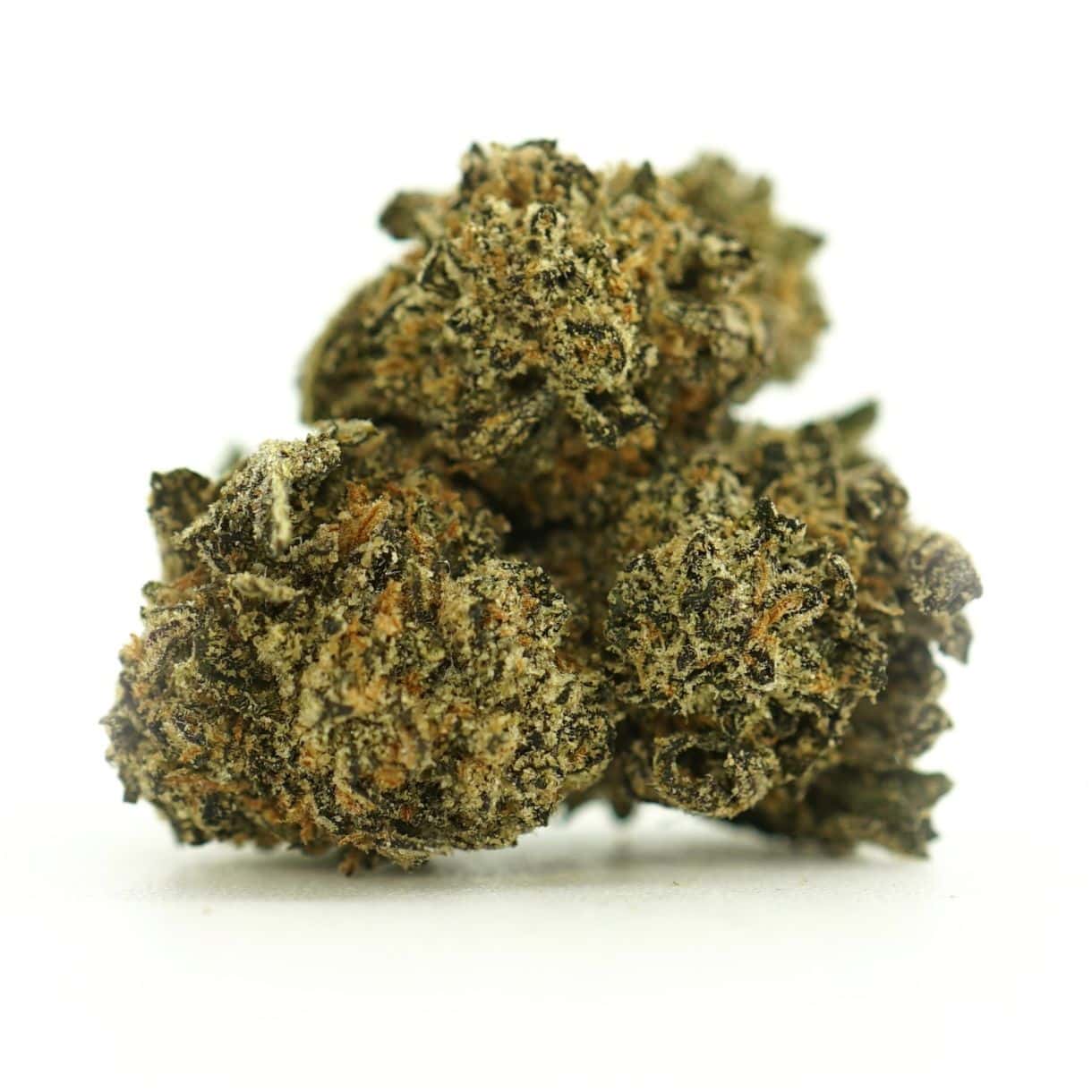 Image of runtz smalls cannabis bud with frosty trichomes on a crisp white background