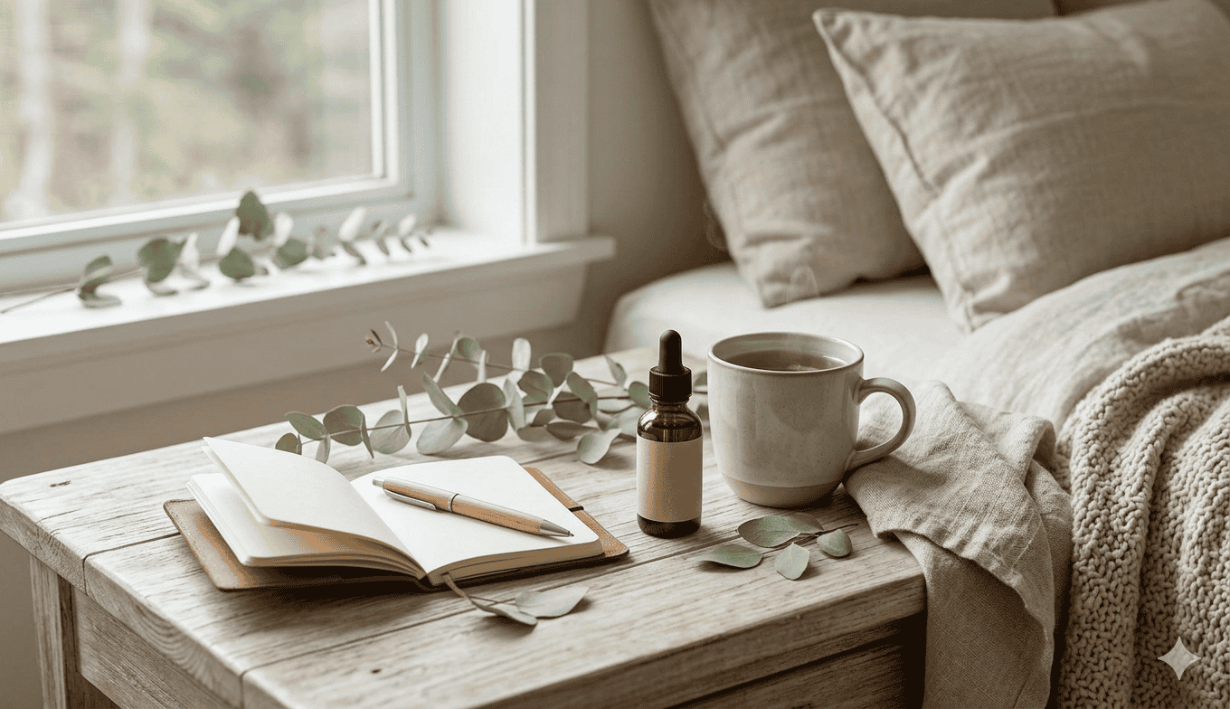 CBD oil bottle beside a journal and coffee in a cozy home setting.