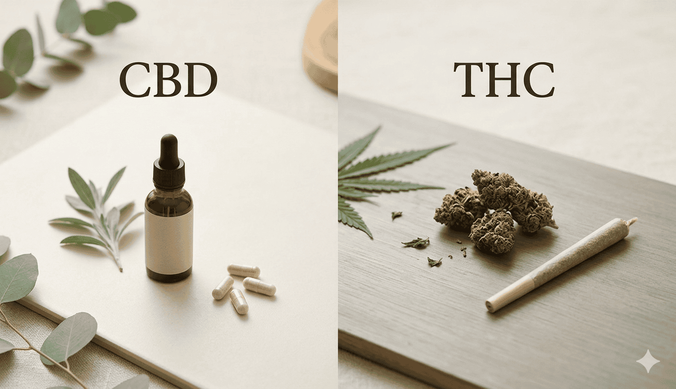 Side-by-side comparison of CBD oil and capsules versus THC flower and a pre-roll joint.