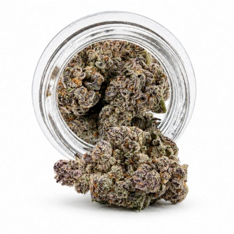 Image of cannabis bud with frosty trichomes on a crisp white background