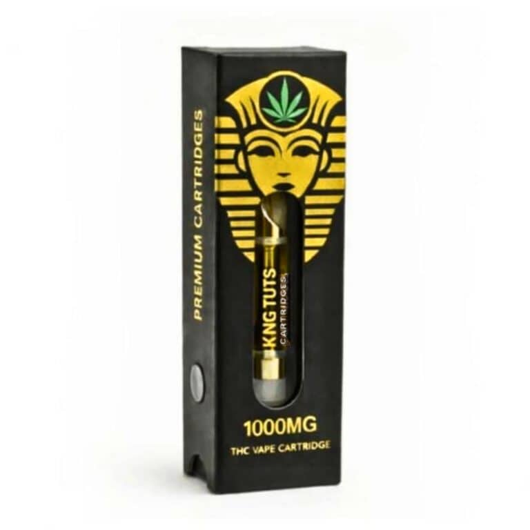 Black and gold Pharaoh 1000mg live resin vape cartridge box with Egyptian-inspired branding standing upright on a white background.
