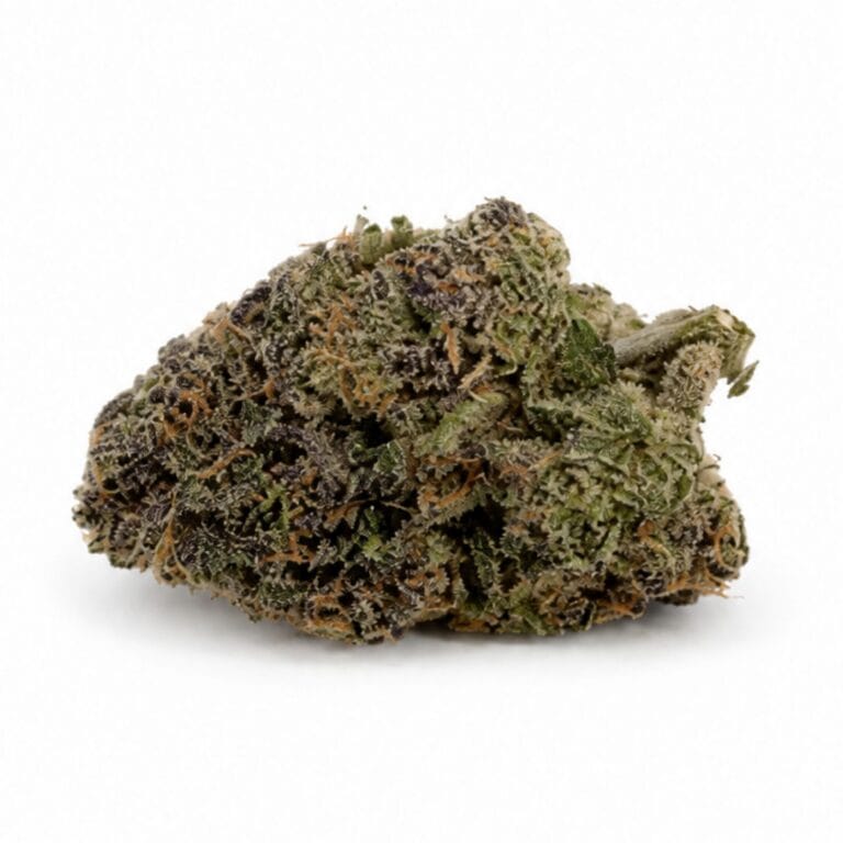 Image of cannabis bud with frosty trichomes on a crisp white background