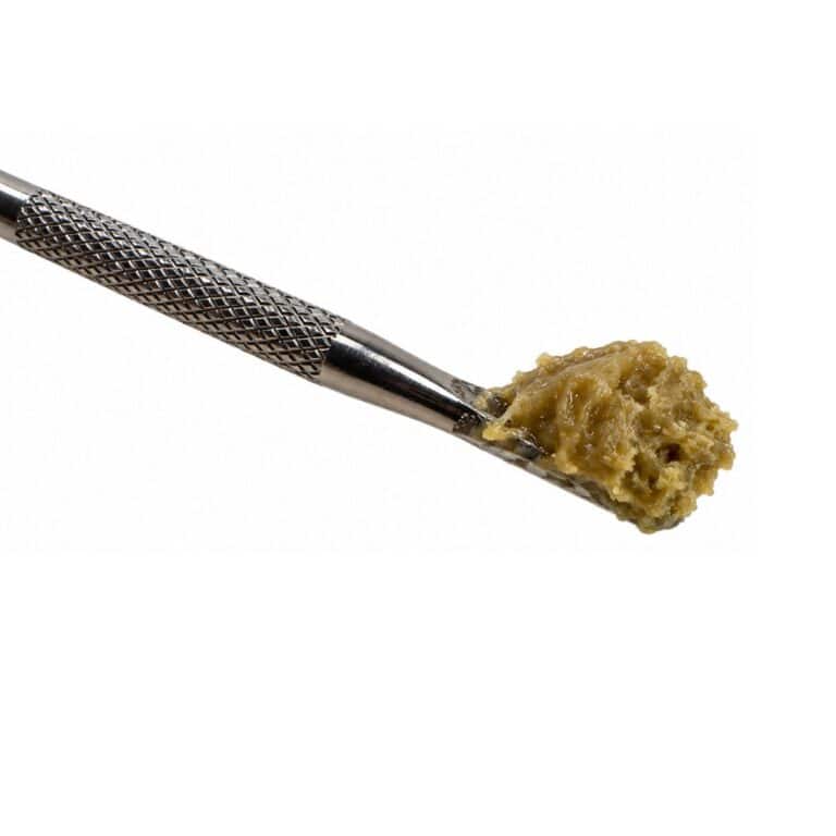 tom for pink kush cannabis concentrate on a metal dab tool against a white background