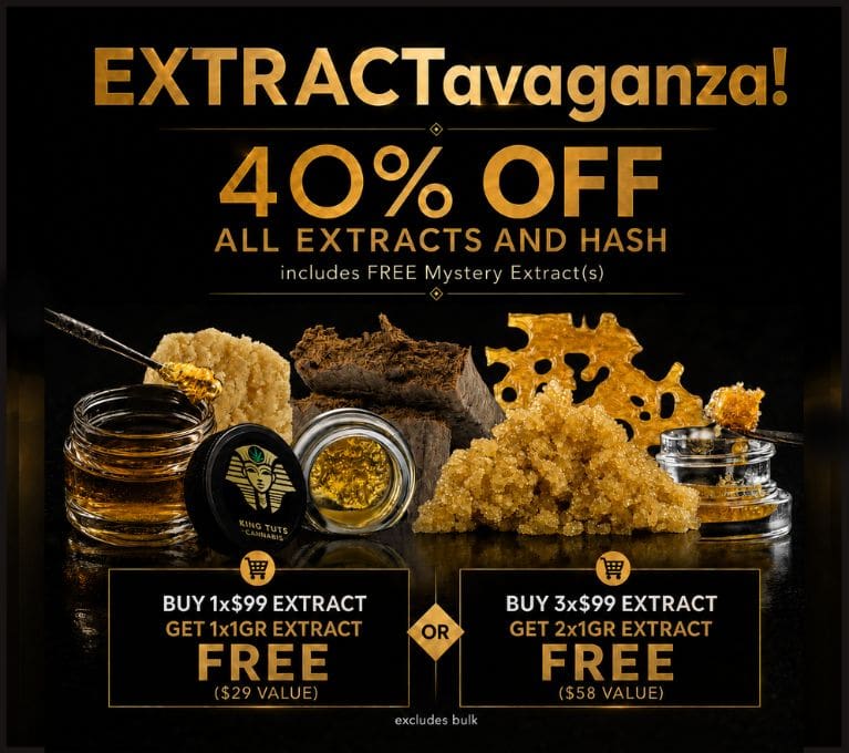 EXTRACTavaganza promotion featuring 40% off premium cannabis extracts and hash, including live resin, budder, shatter, diamonds, hash, and free bonus products on a black luxury background.