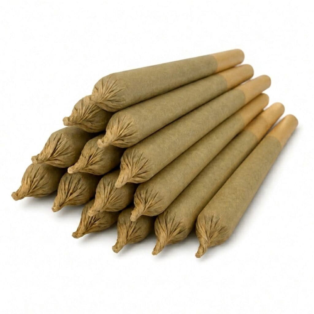 Cannabis pre-roll joints on a white background