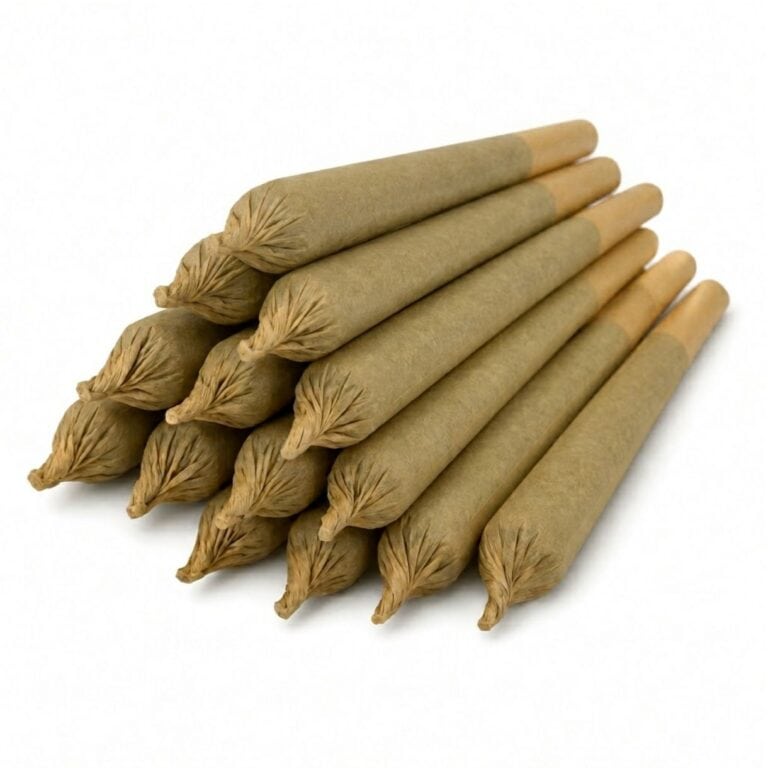 Cannabis pre-roll joints on a white background