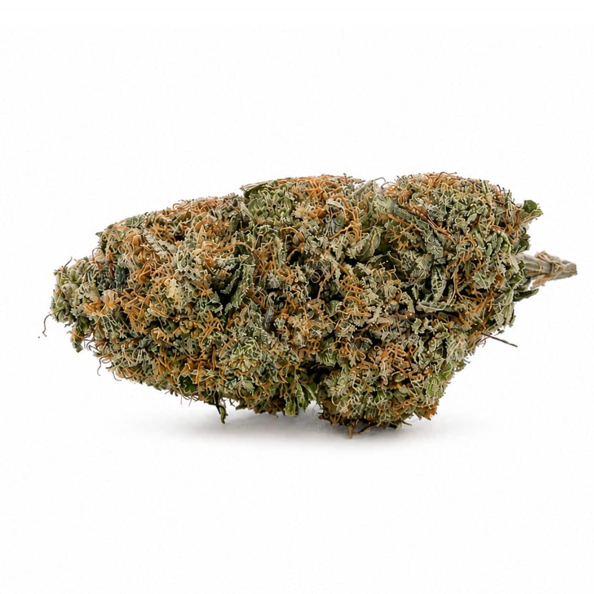 Image of cannabis bud with frosty trichomes on a crisp white background
