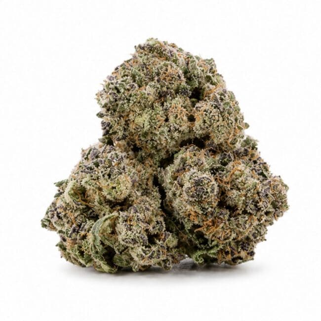 Image of cannabis bud with frosty trichomes on a crisp white background