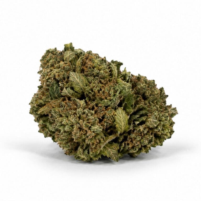 Image of cannabis bud with frosty trichomes on a crisp white background