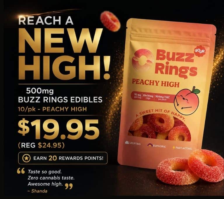 Promotional graphic for 500mg Buzz Rings Peachy High edibles, 10 pieces per pack, priced at $19.95 (regular $24.95), with 20 rewards points earned.