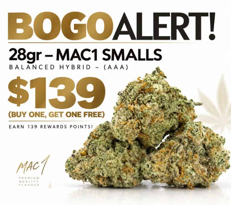 BOGO Alert featuring 28g MAC1 Smalls, priced at $139 with buy one, get one free.