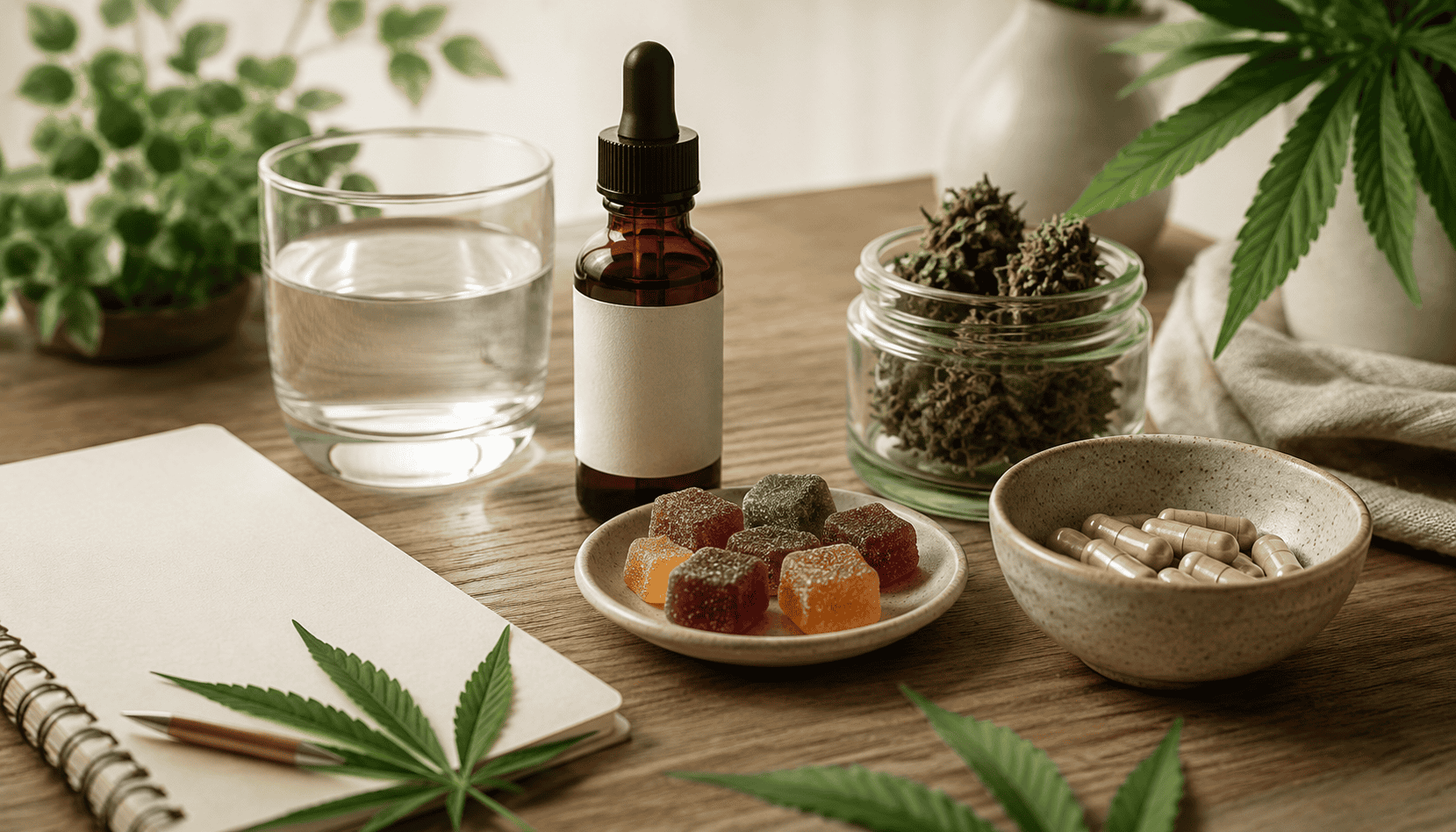 Alt text: Cannabis wellness products arranged on a table, including a dropper bottle, gummies, dried cannabis flower and a glass of water.