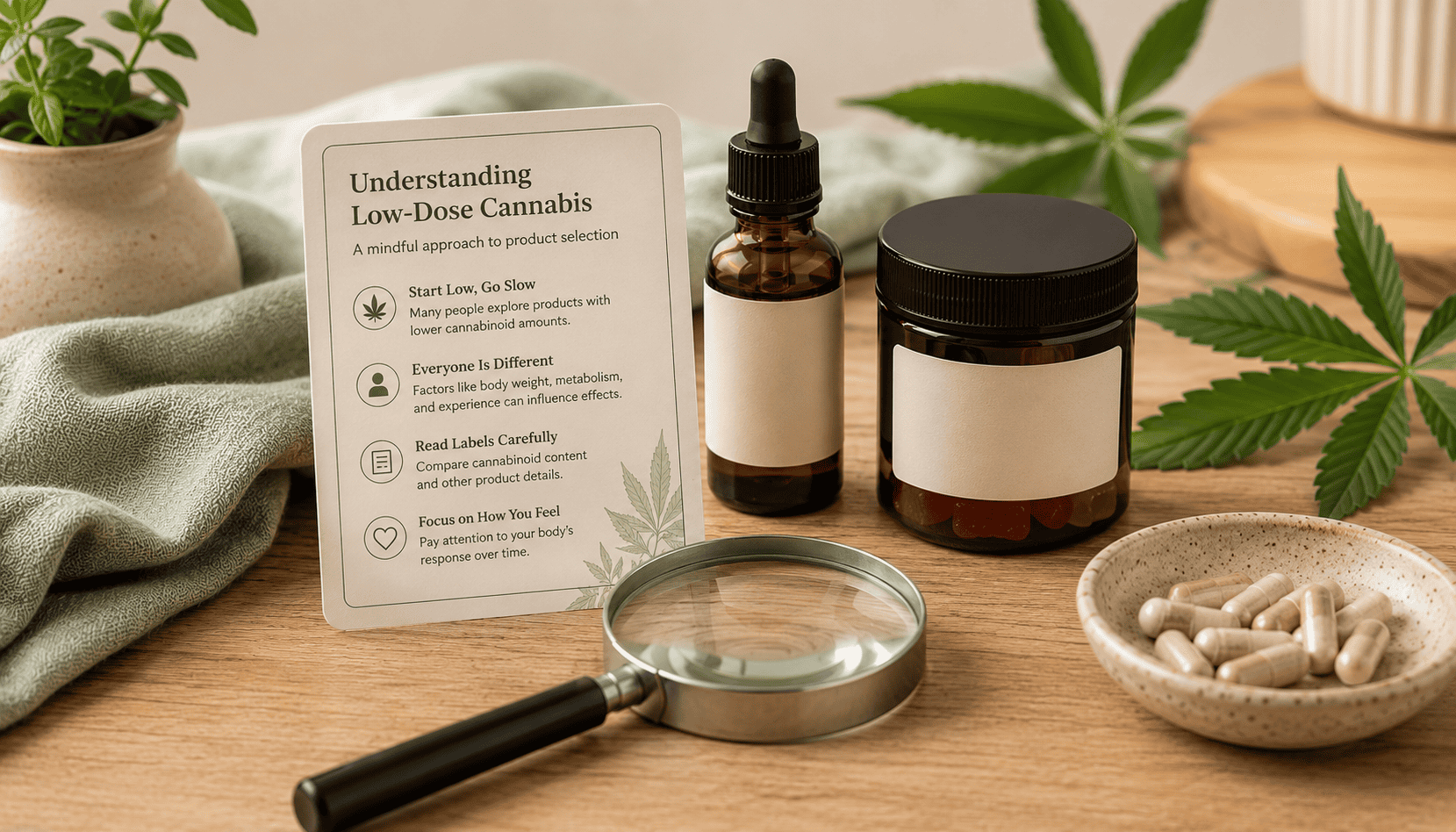 Cannabis product packaging with a dropper bottle, jar, capsules, magnifying glass and cannabis leaves arranged on a wooden table.