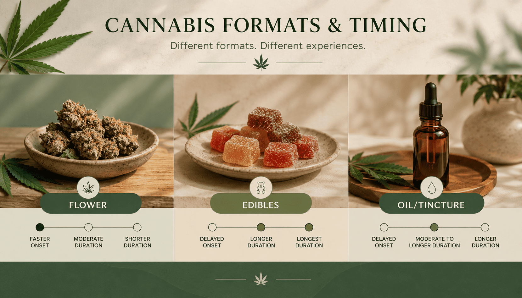 Cannabis formats and timing infographic comparing flower, edibles, and oil or tincture, with typical onset times, duration, and usage information.