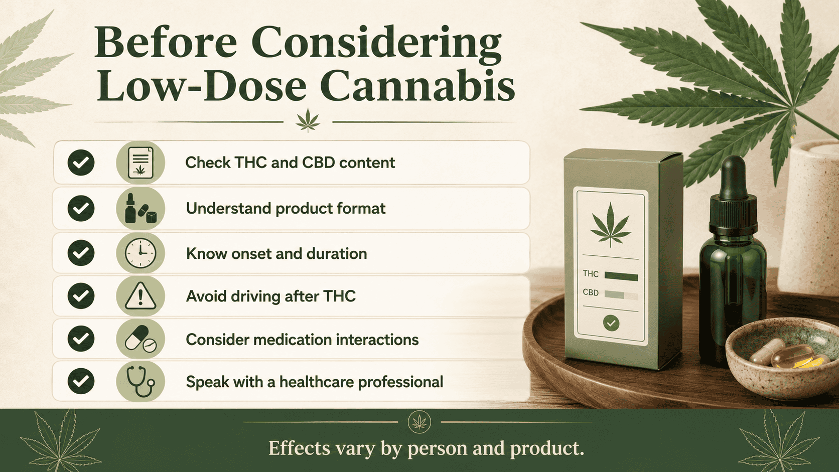 Checklist for considering low-dose cannabis, including THC/CBD content, product format, duration, driving, medication interactions, and health professional guidance.