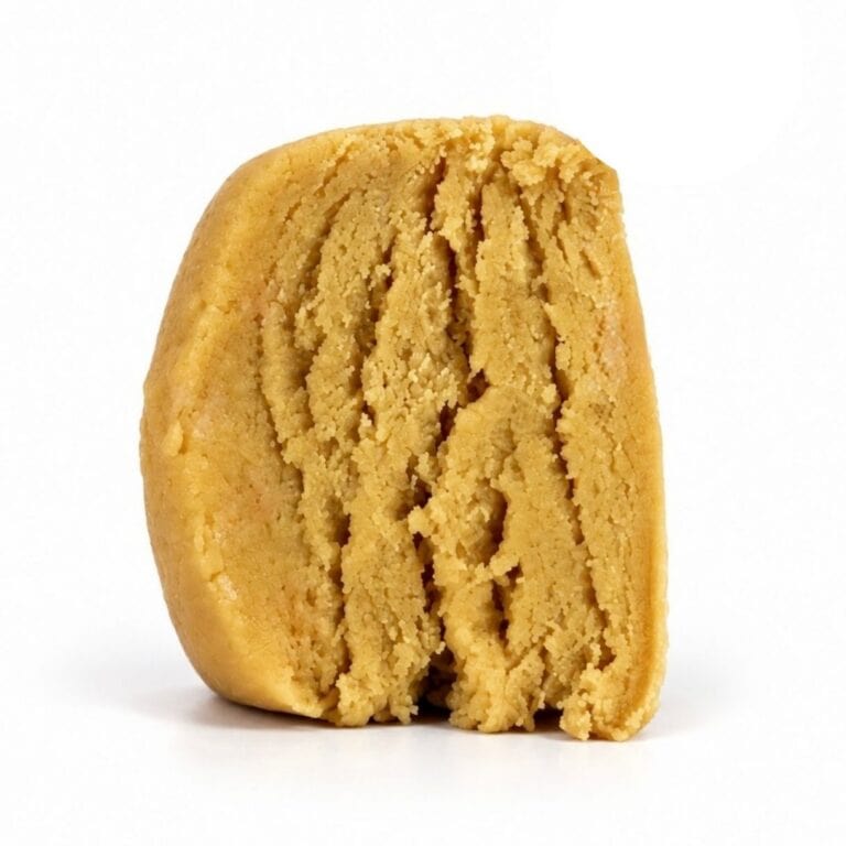 Close-up Pale yellow cannabis extract with a crumbly texture displayed upright on a white background