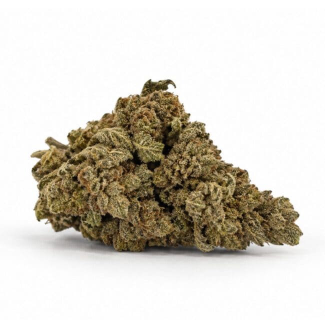 Image of cannabis bud with frosty trichomes on a crisp white background