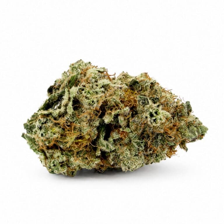 Image of cannabis bud with frosty trichomes on a crisp white background
