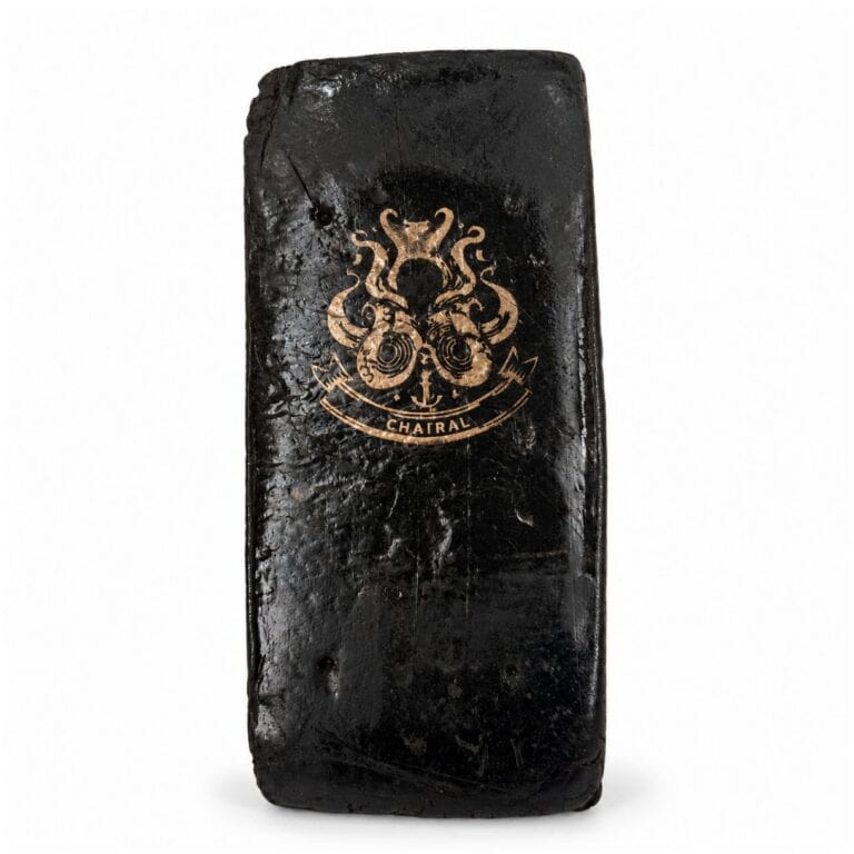 Rectangular pressed hash block featuring a dark marbled finish and embossed branding