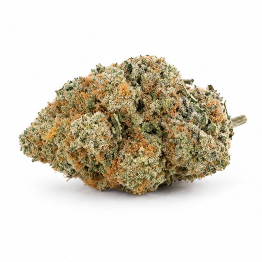 do si dos Image of cannabis bud with frosty trichomes on a crisp white background