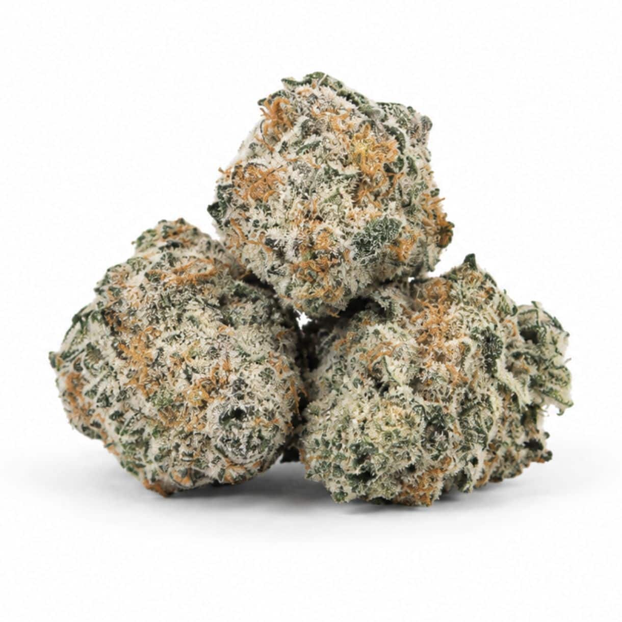 Image of cannabis bud with frosty trichomes on a crisp white background