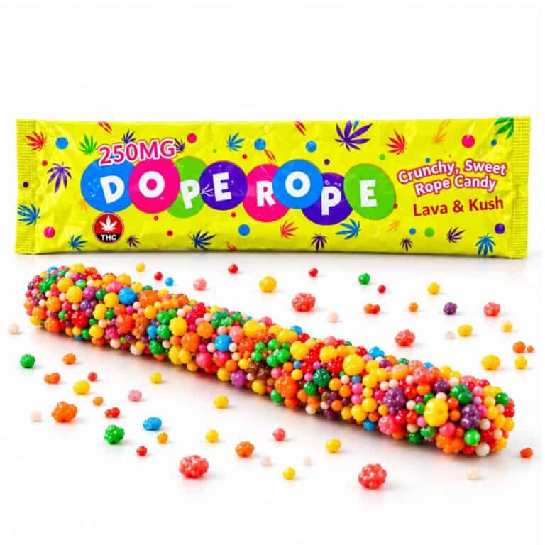 Dope Rope 250mg THC Lava & Kush rope candy coated in colourful crunchy candy pieces.