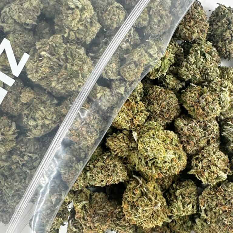 close-up image of cannabis buds spilling out of a clear ZIP-ZAG plastic bag onto a white surface, showing dense green nugs with visible trichomes and orange hairs.