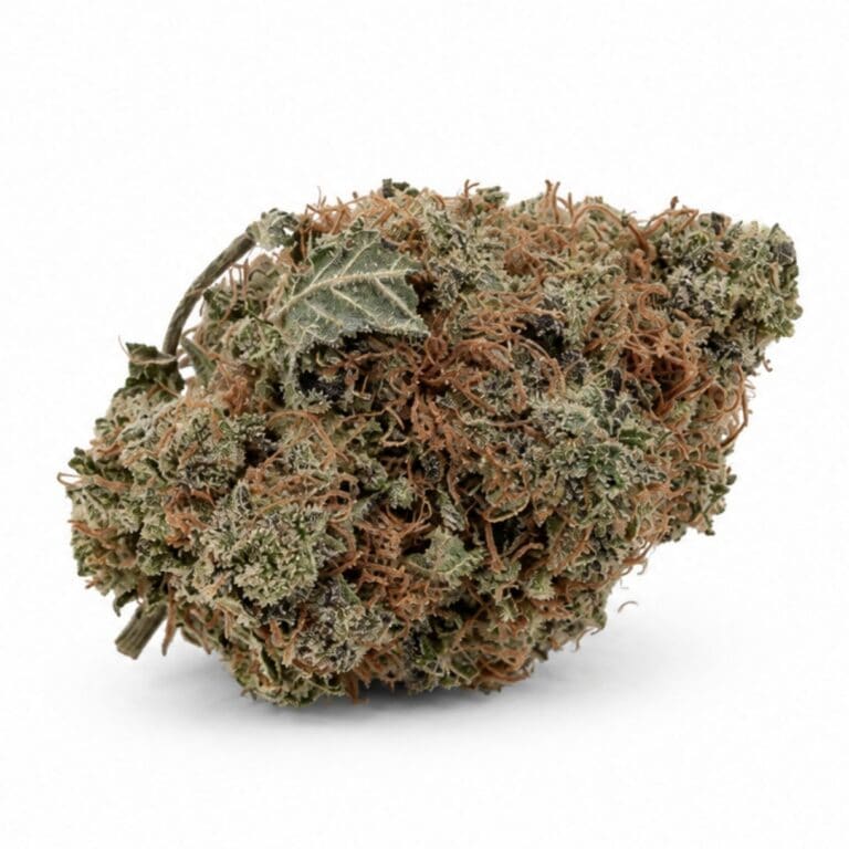 Image of cannabis bud with frosty trichomes on a crisp white background