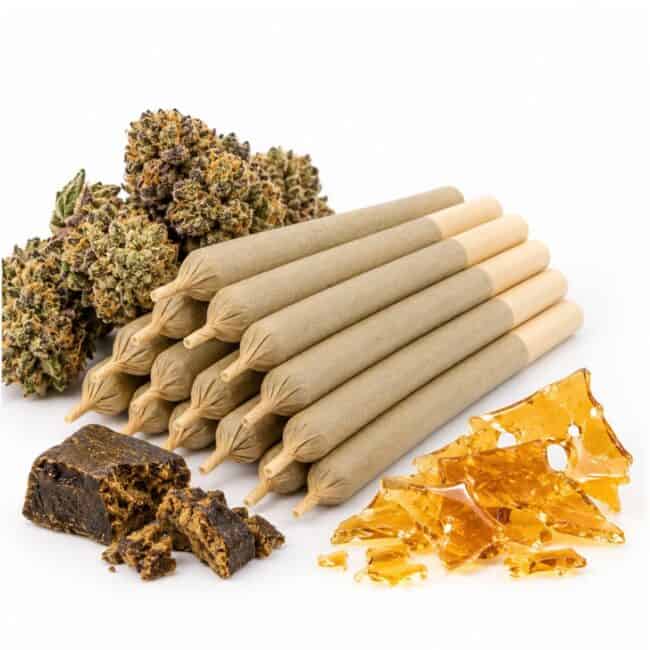 shatter hash and Flower Infused Joint with cannabis flower and kief