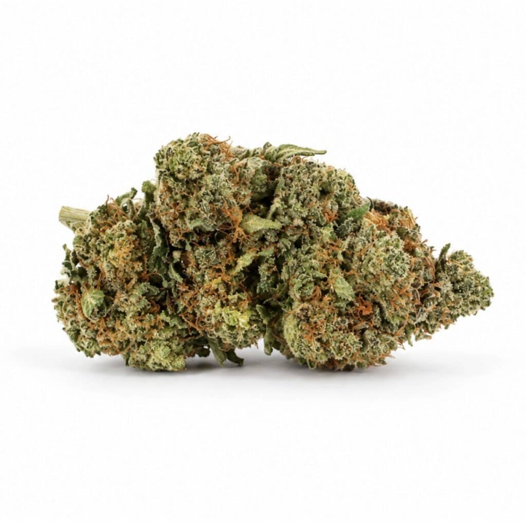 tuna can Image of cannabis bud with frosty trichomes on a crisp white background