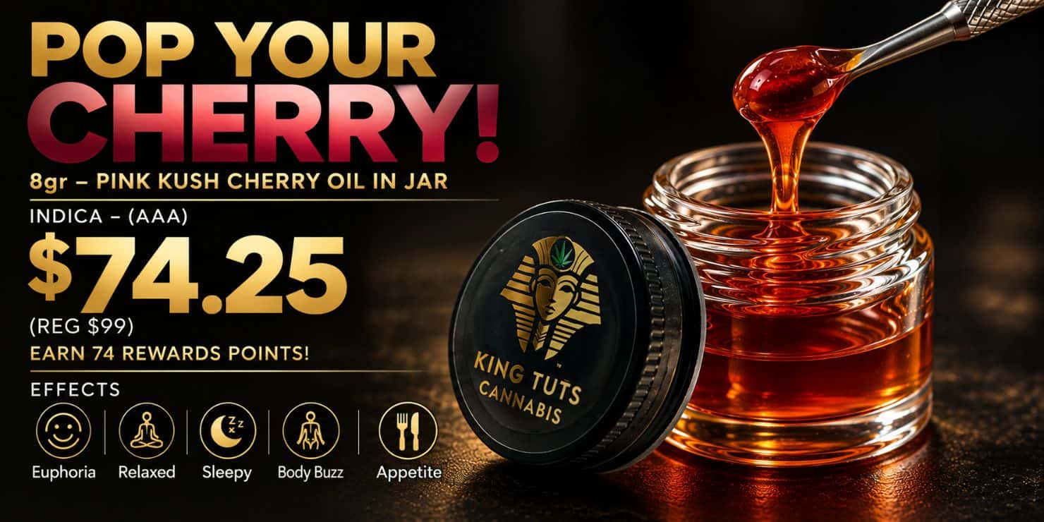 Pink Kush Cherry Oil 1g cannabis concentrate by King Tuts Cannabis, featuring cherry oil and product jar, priced at $74.25.
