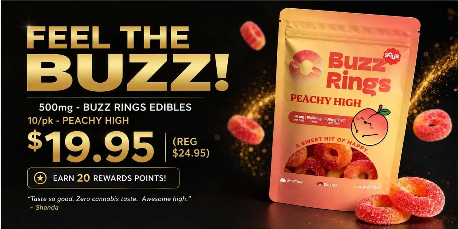 Feel the Buzz Buzz Rings peachy high edibles, 500mg 10-pack, on sale for $19.95
