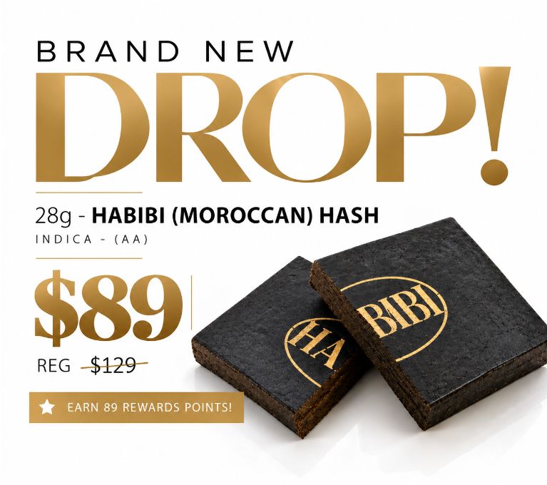 Brand New Drop promotional graphic featuring 28g Habibi Moroccan Hash for $89, with two black product packages displayed on a white background.