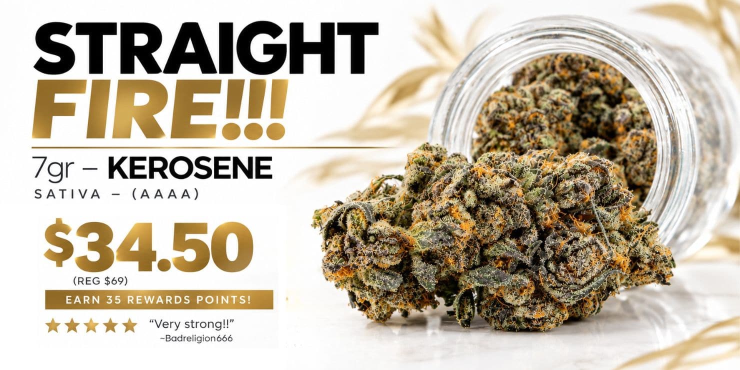 Kerosene 7g AAAA cannabis flower by King Tuts Cannabis, featuring dense buds and product jar, priced at $34.50.