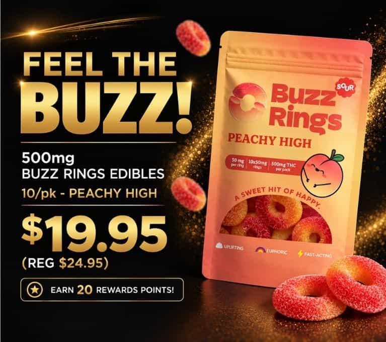 Feel the Buzz Buzz Rings peachy high edibles, 500mg 10-pack, on sale for $19.95