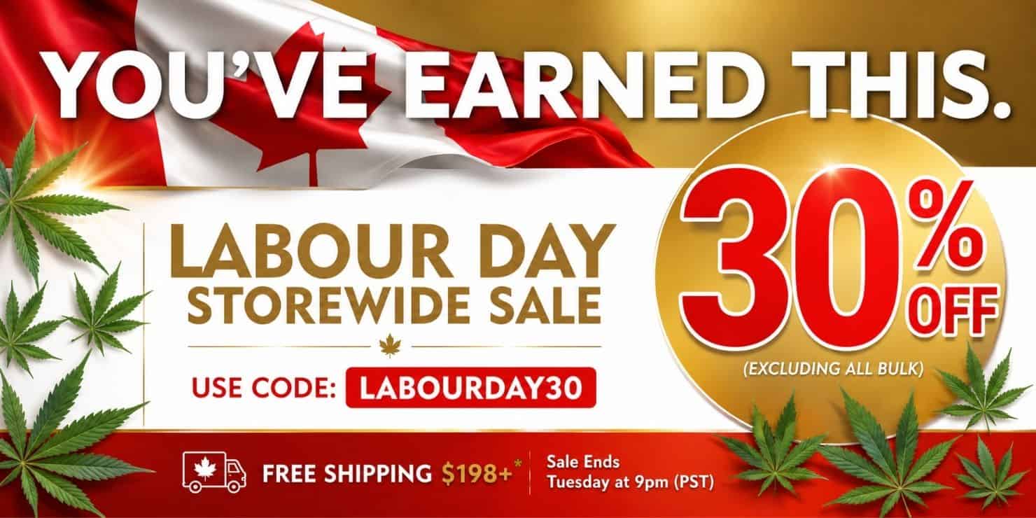 Labour Day storewide sale banner offering 30% off with code LABOURDAY30, featuring red and gold text with green cannabis leaves.