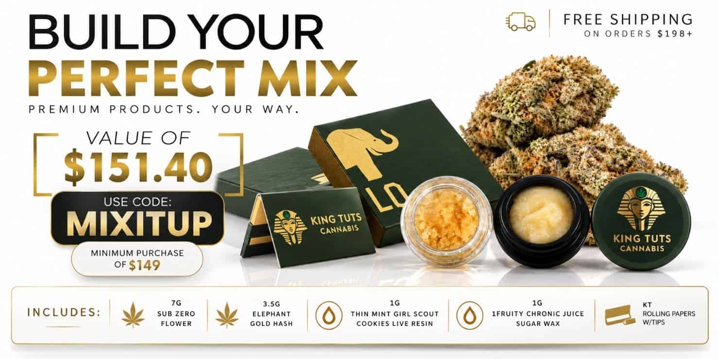 Build Your Perfect Mix cannabis bundle featuring flower, hash, live resin, sugar wax and rolling papers, valued at $151.40 with code MIXITUP on orders of $149 or more.