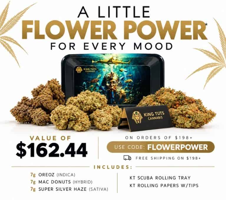 Promotional graphic for the Little Flower Power bundle, featuring assorted cannabis flower and products, valued at $162.44, with offer details and promo code FLOWERPOWER