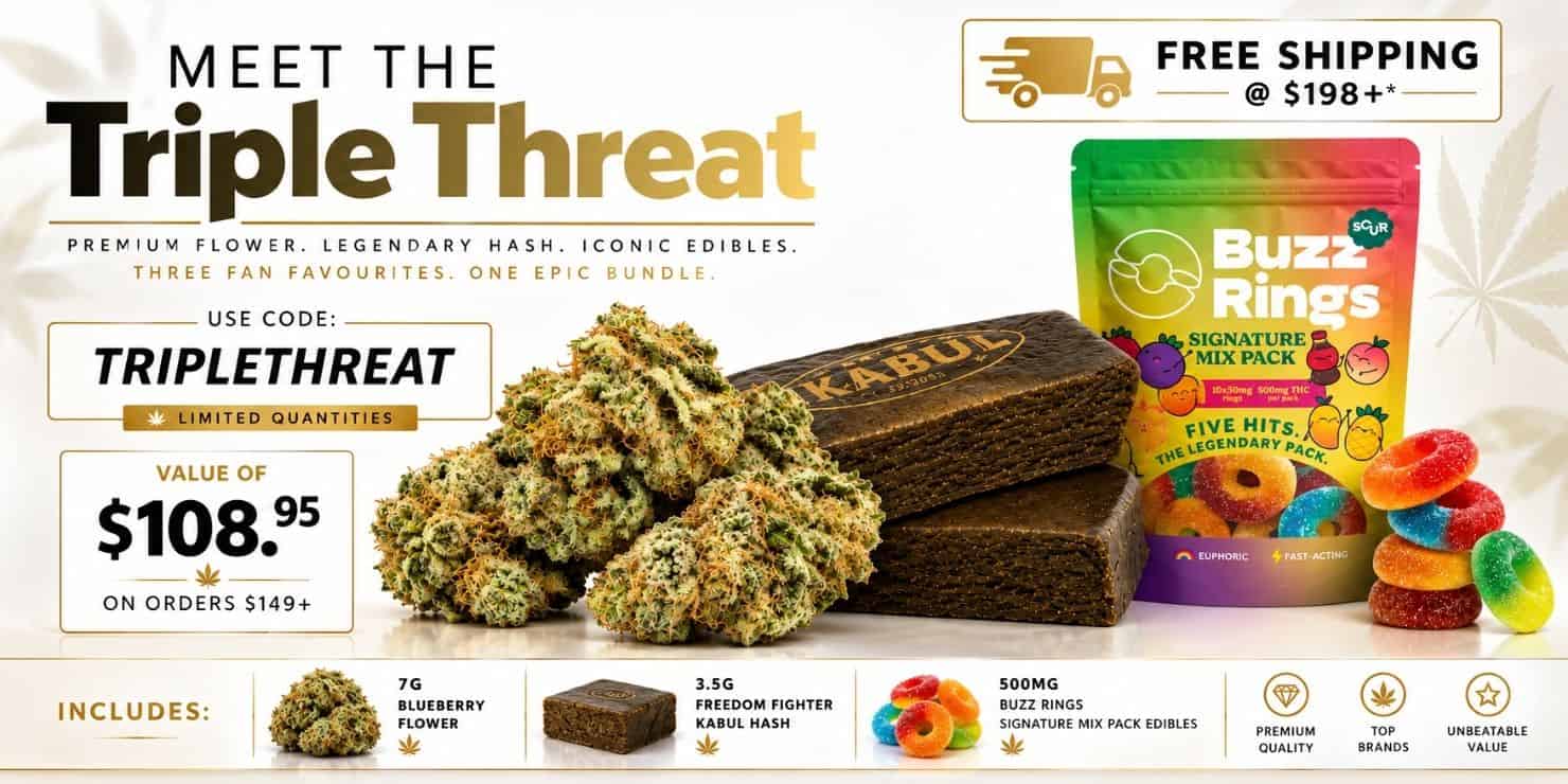 Triple Threat bundle featuring cannabis flower, hash, and Bliss Blue Raspberry Rings, priced at $108.95 with free shipping.