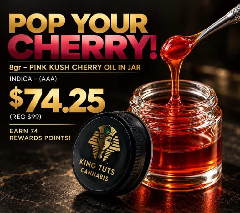 Pink Kush Cherry Oil 1g cannabis concentrate by King Tuts Cannabis, featuring cherry oil and product jar, priced at $74.25.