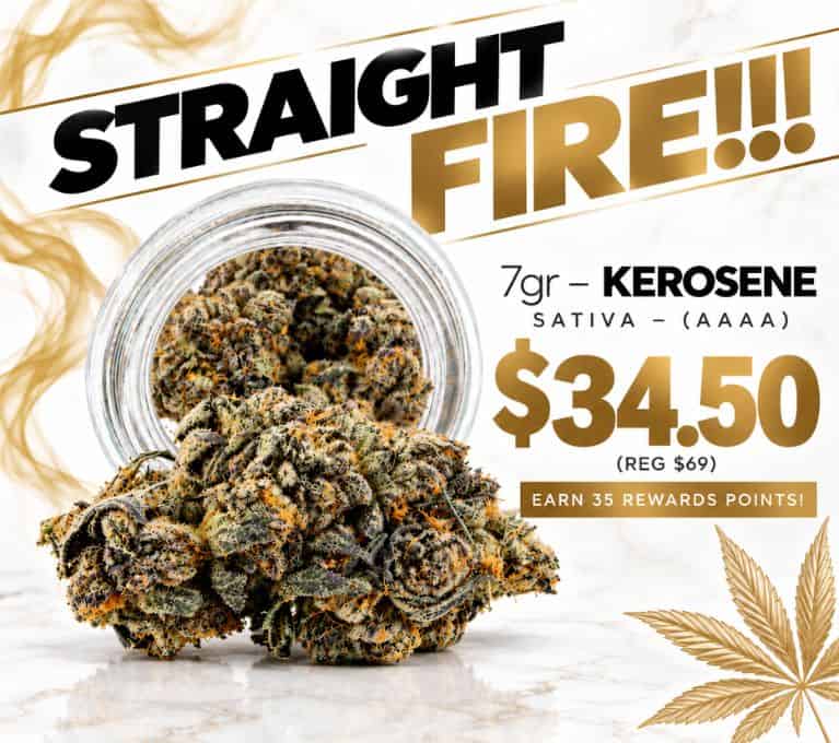 Kerosene 7g AAAA cannabis flower by King Tuts Cannabis, featuring dense buds and product jar, priced at $34.50.