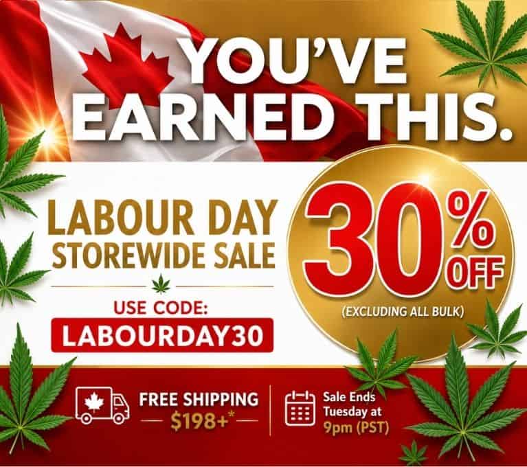 Labour Day storewide sale banner offering 30% off with code LABOURDAY30, featuring red and gold text with green cannabis leaves.
